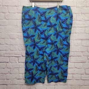 Parisian Works Tropical Linen Crop Pant Size XL (44") Blue Floral Wide Leg Capri